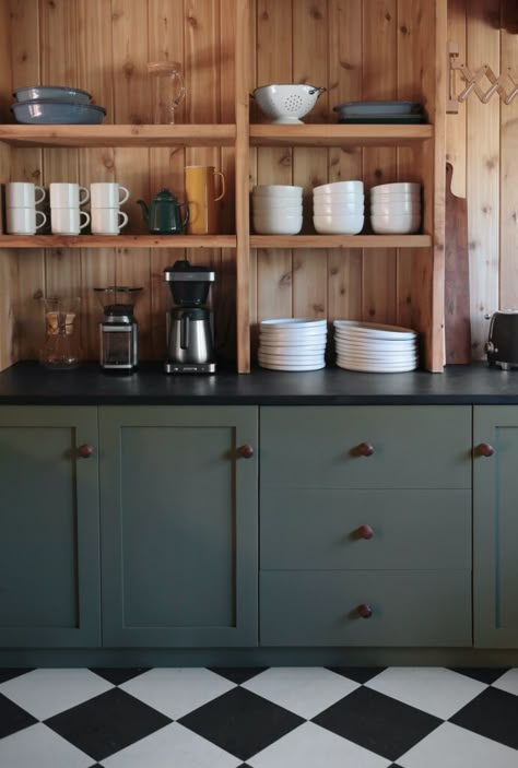 Cedar Walls, Counter Seating, Cabinet Fronts, Home Decor Ideas Living Room, Cabin Kitchens, Kitchen Home Decor, Green Cabinets, Up House, Ideas Living Room