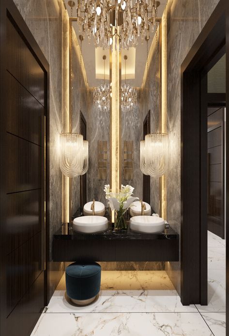 Modern Glam Chandelier, Luxury Entrance, Bathroom Chandelier, Luxury Door, Art Interiors, Washroom Design, Powder Room Design, Luxury Dining Room, Bathroom Design Luxury