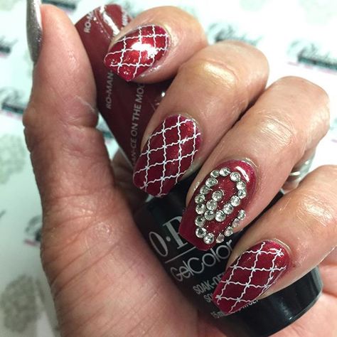 Gorgeous #OU Red. "Ro-Man-ce on the Moon" from #opistarlight Holiday Collection. #Swarovski #crystals with #morrocan lattice stamps. 🏈💅🏼 Boomer..Sooner! #handpaintednailart #Oklahoma #Sooners #GameDay #OUvsTexasWeekend #OUvsTexas #RedRiverRivalry #RedRiverShootout #Norman #OklahomaCity #Oklahoma #OU #sooner #sooners #boomerSooner #UniversityOfOklahoma #GameDayReady #CollegeFootball #football #soonerNation #naildesign #nailswag #nailart #instaNails #instagood #gameDayNails #GameDayReady Alabama Nails, Red River Rivalry, Sooner Football, Toenail Art, Oklahoma Sooners Football, Football Nails, Ou Sooners, Boomer Sooner, Painted Nail Art