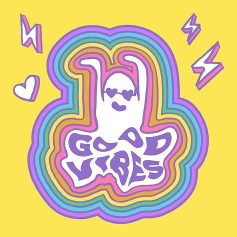 Good Vibes lettering with rainbow and ghost in wave style. A good vibes sticker design template. Vector illustration. Good Vibes, Design Template, Sticker Design, Vector Art, Vector Free, Vector Illustration, Ghost, Royalty Free, Clip Art