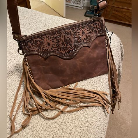 Brand New With Tags - Brown Leather Myra Bag With Fringe Western Look Adjustable Strap Ranching Life, Western Bags Purses, Western Bags, Saddle Making, Arm Candies, Western Bag, Canvas Leather Tote, Tooled Leather Purse, Western Purses