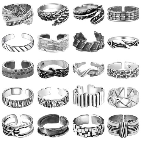 PRICES MAY VARY. Package included: You will get 20 pieces vintage rings for men, including satisfy you different everyday dress up demands. You can wear it separately or several at the same time, which will make you more fashionable. Premium material: Our men rings are made of high-quality alloy, nickel-free and lead-free, retro design with exquisite workmanship, not easy to break, tarnish, corrode or rust, comfortable to wear. The surface is polished with excellent texture the ring look very sh 925 Sterling Silver Ring Men, Men Rings Aesthetic, Guy Rings, Silver Chunky Rings, Mens Vintage Jewelry, Silver Rings For Men, Punk Rings, Cool Jewelry, Rings Men