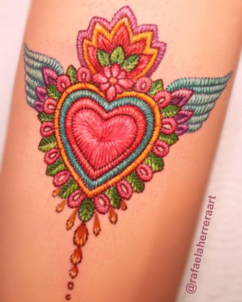 Mexican Mom Tattoo, Embroidery Heart Tattoo, Mexican Design Tattoo, Mexico Flower Tattoo, Traditional Mexican Tattoo For Women, Embroidery Tattoos For Women, Feminine Mexican Tattoos, Mexican Floral Tattoo, Embroidery Style Tattoo