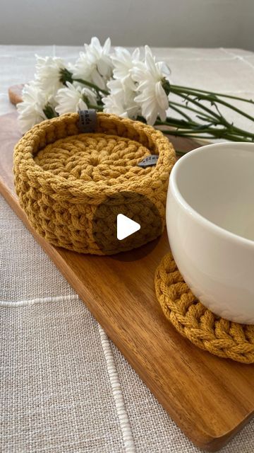 Iga | Modern crochet patterns and tips | Handmade home decor on Instagram: "Super simple and cute coaster set, this time in mustard color. 😊   Crochet pattern for Easy coasters with holder is available on my Etsy. Check the link in my bio 😊   All my crochet patterns are written in a beginner friendly way, showing detailed photos and using basic stitches. 🥰  ___________ #crochet #crocheting #crochetbeginner #crochethomedecor #crochetcoaster  #etsyselleruk #crochetpattern" Crochet And Wood Ideas, Crochet Coaster Holder, Coasters With Holder, Cute Coasters, Basic Stitches, Modern Crochet Patterns, Coaster Holder, Crochet Home Decor, Quick Crochet