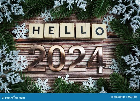 Top View of Hello 2024 Happy new year holidays celebration with christmas decorations background Hello 2024, New Year Holidays, Year 2024, Top View, Holiday Celebration, Powerpoint Presentation, Framed Artwork, Happy New, Happy New Year