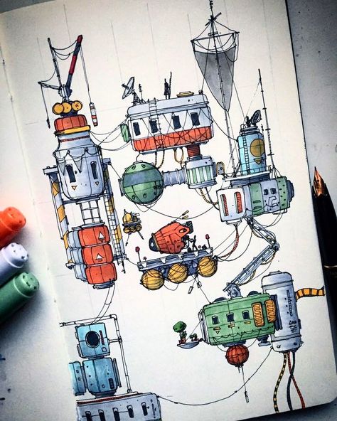 Copic Ciao, Shanty Town, Moleskine Sketchbook, Graphisches Design, Spaceship Art, Robot Art, Robot Concept Art, Cyberpunk Art, Environment Concept Art