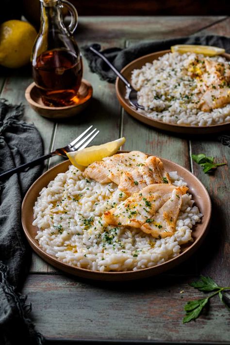 Dover Sole with Lemon Risotto Lemon Risotto, Dover Sole, Seafood Stock, Risotto Rice, Rice Grain, Dry White Wine, Vegetable Stock, So Delicious, Lemon Zest