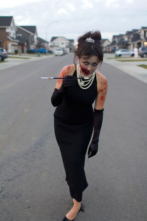 Zombie Audrey Hepburn Kassandra Camponi Haunted Hollywood Costumes, Zombie Family Costumes, Zombie Crawl, Zombie Costumes, Days Until Halloween, Burning Man Costume, Hollywood Costume, Zombie Walk, Special Events Decor