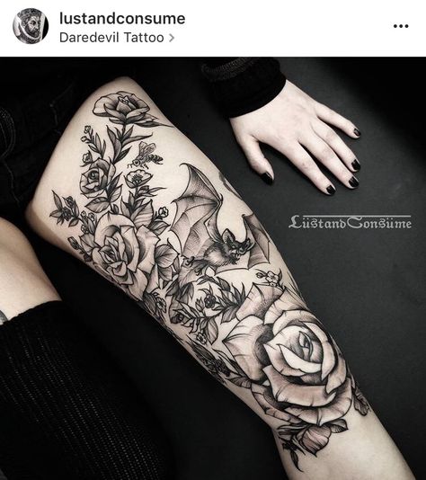 Bat thigh tattoo by Phil (@ lustandconsume)                                                                                                                                                     More Goth Thigh Tattoo, Bats Tattoo, Mandala Rose Tattoo, Tattoo Line, Body Decor, Bat Tattoo, Omerta Tattoo, Thigh Piece, Spooky Tattoos