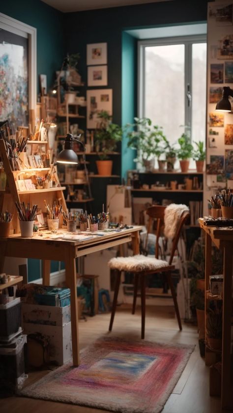 Art Studio Miniature, Mini Art Studio Corner, Cosy Art Studio, Guest Room Art Studio Combo, Mini Art Studio In Bedroom, Office Art Studio Combo, Dark Academia Art Studio, Small Home Art Studio, Paint Studio Ideas Spaces