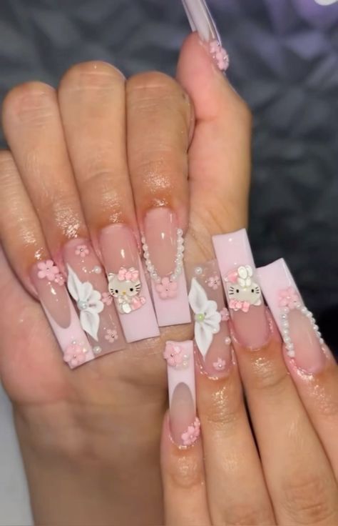 White Hello Kitty Nails, Rumors And Gossip, Ombre Acrylic, Kitty Nails, Diy Acrylic Nails, Ombre Acrylic Nails, Summery Nails, Shine Nails, Hello Kitty Nails