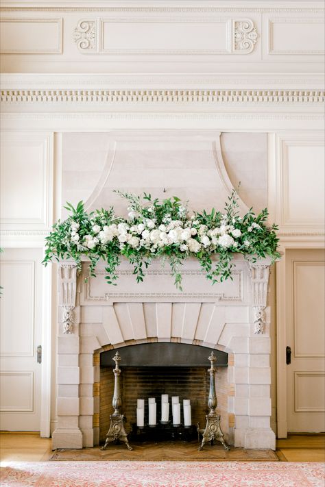 Flowers On Fireplace Mantle Wedding, Wedding Mantel Flowers, Cairnwood Estate Wedding, Wedding Fireplace Flowers, Mantlepiece Flowers, Wedding Fireplace Mantel, Weddings Aesthetic, Fireplace Florals, Fireplace Flowers