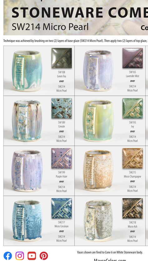 Mayco Micro Pearl Cone 6 Glaze Combos Micro Pearl Glaze Combinations, Clay Color Combinations, Glaze Mixes Ceramics, Pottery Glaze Recipes Cone 6, Mayco Elements Glaze Combinations, Frosted Lemon Glaze Combinations, Himalayan Salt Glaze Combinations, Cone 6 Glazes, Amaco Cone 5/6 Glaze Combos