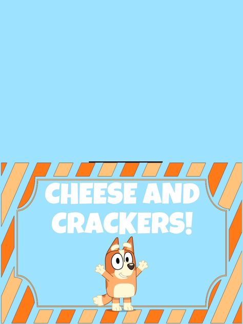 Cheese And Crackers Bluey, Bluey Inspired Party Food, Bluey Food Labels Printable Free, Bluey Food Labels, Bluey Snacks, Bluey Food Ideas Party, Bingo Party, Bluey Party, Second Birthday Ideas