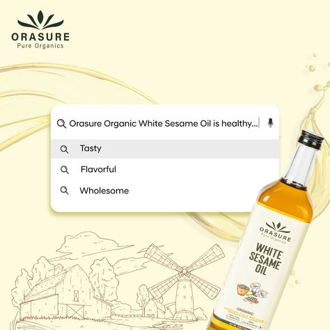 Taste the flavor (and health benefits!) of Orasure Wooden Cold Pressed Organic White Sesame Oil! It's healthy, tasty, flavorful, and wholesome – everything you want in a cooking oil.  Drizzle it on salads, stir-fries, or use it for dipping. The possibilities are endless!  .  .  .  #Orasure #Organic #HealthyEating #SesameOilLove #ColdPressedOil #OrganicFood #FlavorfulFood #WholesomeGoodness #EatClean #DeliciousAndHealthy #CookingAtHome #SimpleIngredients #UpgradeYourMeal Cooking Oil Social Media Post, Cooking Oil Creative Ads, A2 Milk, Health Ads, Platter Ideas, Cold Pressed Oil, Fashion Poster Design, Powerpoint Presentation Design, Peanut Oil