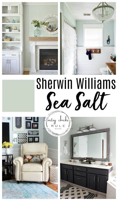 Sherwin Williams Sea Salt (gorgeous coastal "neutral"!) - Artsy Chicks Rule® Sea Salt Sherwin Williams Dining Room, Sea Salt Laundry Room, Sw Sea Salt, Sea Salt Paint, Sherwin Williams Sea Salt, Coastal Paint Colors, Pool Oasis, Sea Salt Sherwin Williams, Coastal Paint