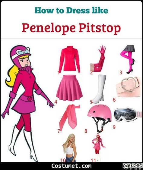 Penelope Pitstop (Wacky Races) Costume for Cosplay & Halloween 2020 Penelope Pitstop Costume, Pink Costume Ideas, Penelope Pitstop, Female Racers, Pink Helmet, White Knee High Boots, Cartoon Costume, Wacky Races, Pink Tights