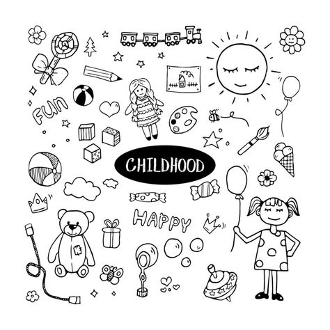 Childhood Doodles, Childhood Drawing, Cute Black And White Clipart, Toys Doodle, Family Clipart Black And White, Food Clip Art Black And White, Dog Clipart Black And White, Banner Doodle, Kids Doodles