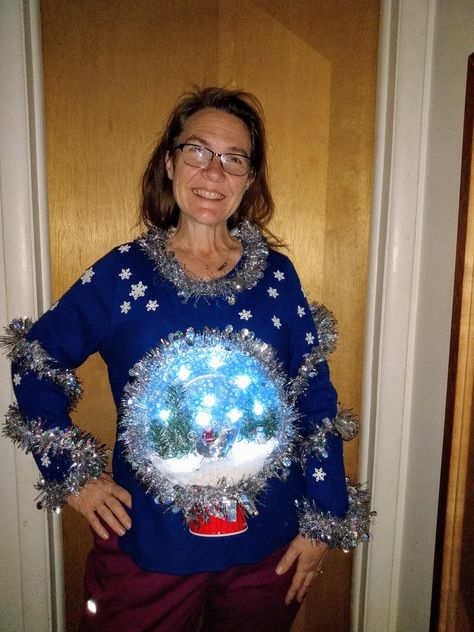 Created with a succulent dish for the globe Ugly Christmas Sweater Snow Globe, Ugly Sweater Snow Globe, Snow Globe Christmas Sweater, Snowglobe Ugly Christmas Sweater Diy, Snow Globe Sweater Diy, Snow Globe Ugly Sweater Diy, Snow Globe Sweater, Sweater Repurpose, Ugly Christmas Sweaters Diy