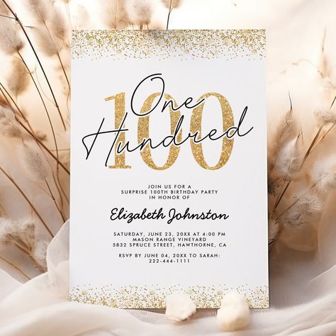 Elegant Gold 100th Birthday Party Invitation 100 Year Old Birthday Party Invitations, 100th Birthday Party, Modern Birthday, Background Gold, 100th Birthday, Kids Nursery Decor, Free Birthday Invitation Templates, Free Birthday Invitations, Kids Stationery