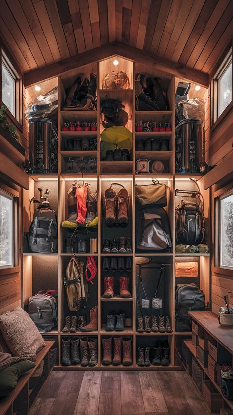 A tiny home with an adventure storage wall, neatly organizing camping gear and outdoor essentials. Hunting Room Storage Organization Ideas, Gear Wall Storage, Camping Gear Wall, Gear Room Organization, Outdoor Gear Organization, Outdoor Gear Storage, Gear Organization, Tiny Home Living, Camping Room