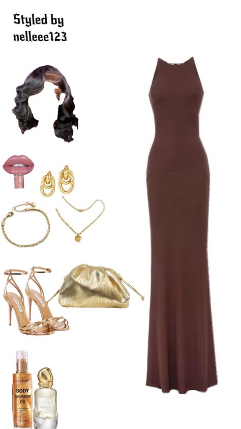 This stunning brown maxi dress is perfect for any elegant occasion, styled with gold strappy heels, a matching gold clutch, and minimal yet sophisticated gold jewelry. Add a touch of glamour with a soft wavy hairstyle and body shimmer oil for that radiant glow. Perfect for weddings, galas, or a romantic night out. #brownaesthetic #cute #elegant #elegantoutfit #gold #chicfashion Brown Maxi Dress, Shimmer Oil, Body Shimmer, Shimmer Body Oil, Wavy Hairstyle, Brown Maxi Dresses, Gold Strappy Heels, Gold Clutch, Romantic Night