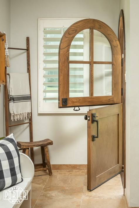 RossDutchDoor-2 Arch Dutch Door, Saloon Style Doors, Arched Dutch Door, Wood Dutch Door, White Oak Front Doors, Dutch Door Interior, Spanish Mission Style, Kid Playhouse, Front Door Furniture