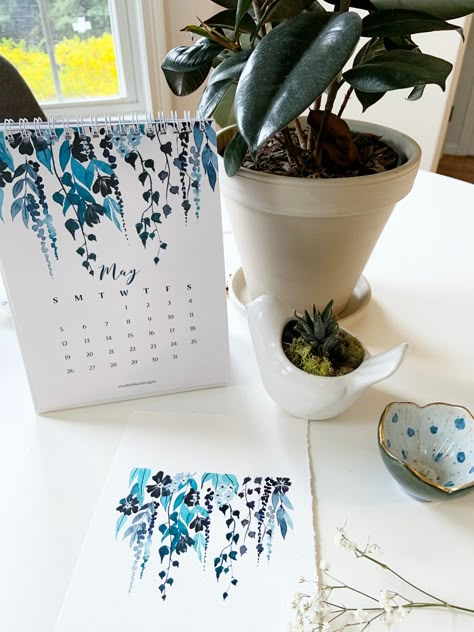 Business Wall Art, Moody Florals, Its My Birthday Month, Watercolor Calendar, Diy Calendar, Botanical Watercolor, Watercolor Leaves, Art Licensing, Calendar Design