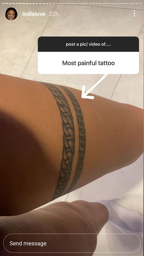 Band Around Leg Tattoo, Wedding Garter Tattoo, Chain Around Leg Tattoo, Girly Hip Tattoos, Garter Tattoo Black Women, Garder Belt Tattoo Designs, Chain Leg Tattoo, Leg Wrap Around Tattoos Women, Tattoo That Wraps Around Thigh