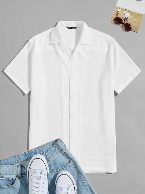 White Casual  Short Sleeve Polyester Plain Shirt Embellished Non-Stretch Summer Men Tops Notch Collar Shirt, Shein Men, Collar Shirt Men, Plain Shirt, Men Shirts, Notch Collar, Men Tops, Plain Shirts, Notched Collar