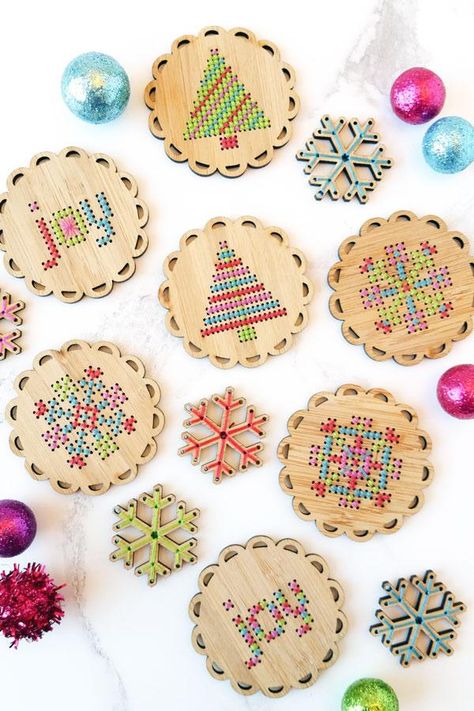 Cross Stitch Ornaments, Stitch Ornaments, Cross Stitch For Kids, Cross Stitch Christmas Ornaments, Wood Cross, Mini Cross Stitch, Cross Stitch Cards, Ornament Kit, Cross Stitch Patterns Christmas