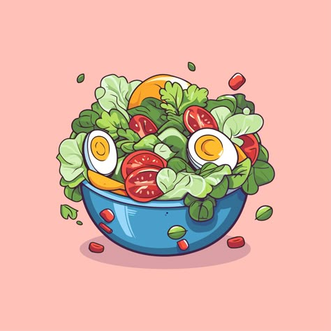 Meal Drawing Food Illustrations, Salad Illustration Drawings, Food Icon Illustration, Food Animation Art, Food Illusion, Meal Drawing, Food Cartoon Illustration, Salad Logo, Salad Drawing