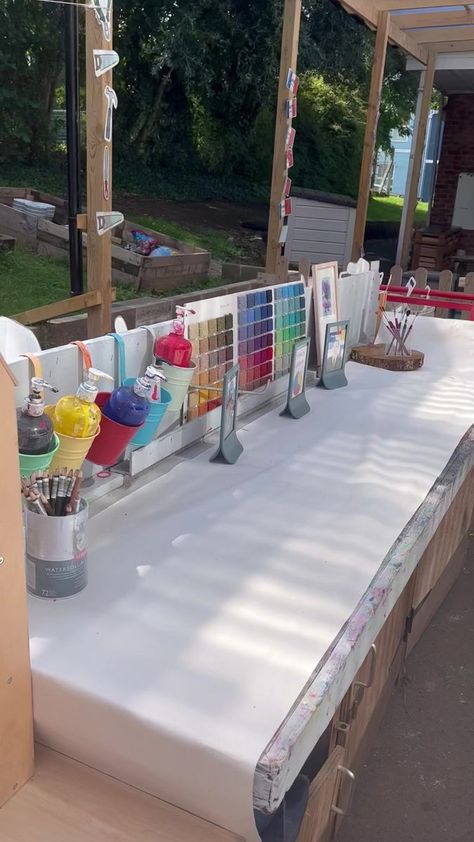 Outside Art Area Eyfs, Weaving Station Eyfs, Eyfs Outdoor Creative Area, Outside Provision Eyfs, Eyfs Outdoor Art Area, Digging Area Eyfs, Outdoor Activities Early Years, Year 2 Outdoor Provision, Early Years Role Play Areas