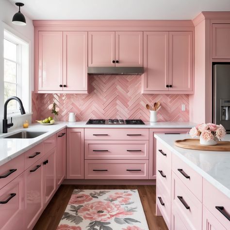 27 Gorgeous Pink Kitchen Design Ideas That Will Transform Your Cooking Space - Style Zuri Pink Cabinet Paint Colors, Pink Country Kitchen, Gray And Pink Kitchen, Small Glam Kitchen, Pink Grey Kitchen, Pink Backsplash Kitchen, Pink Kitchen Backsplash, Pink Kitchen Aesthetic, Pink Kitchen Inspiration