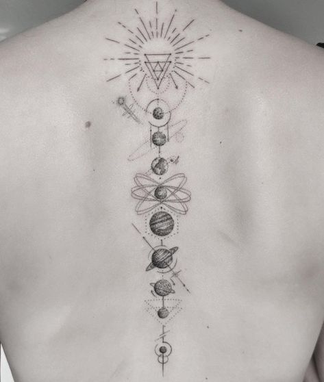 Universe Spine Tattoo, Planets Aligned Tattoo, Spine Tattoos Space, Solar System Back Tattoo, Planets Spine Tattoo, Space Spine Tattoo, Solar System Spine Tattoo, Celestial Spine Tattoo, Solar System Tattoos