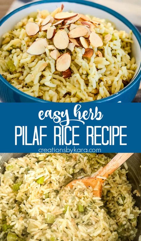 Herbs, almonds, and chicken noodle soup mix make this Rice Pilaf recipe so flavorful! It's an easy size dish that works with any meat. #ricepilaf #herbrice @Creations by Kara Recipe For Rice Pilaf, Gf Rice Pilaf, Armenian Rice Pilaf Recipe, Armenian Rice Pilaf, Rice Pilaf Recipe With Almonds, Herbed Rice Pilaf, Almond Rice Pilaf, Herbed Rice, Recipe For Rice