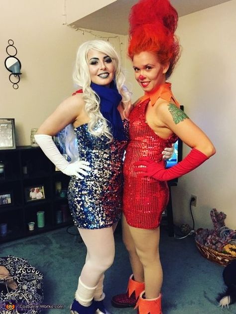 Alison: My good friend Tori is Snow Miser and she's the brains behind this operation. Both sequin dresses, boots, Snow Miser's scarf, and gloves were found at Goodwill, the cuffs for... Heat Miser Costume, Snow Miser And Heat Miser, Snow Miser, Sister Costumes, Heat Miser, 2015 Halloween Costumes, Hip Hop Birthday, Costumes Couture, Brother Christmas