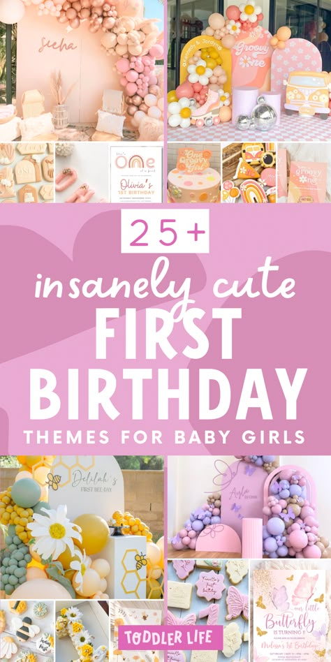 Planning your baby girl's 1st birthday and on the hunt for cute baby first birthday themes? I'm a professional parties writer and *these* are my fav 1st birthday themes girl edition in 2025 - including tons of super cute tips and 1 year birthday party ideas! Celebrating first birthdays is something so precious - and I truly hope these first birthday party themes inspire you! (Pin to your 1st birthday girl party ideas board!) First Birthday Themes For Baby Girl, Summer First Birthday Theme Girl, Baby Girl First Birthday Theme January, Indoor 1st Birthday Party Ideas, 1st Birthday Themes February, 1 Year Birthday Theme Girl, May 1st Birthday Ideas Girl, Cute 1st Birthday Themes Girl, 1 Yr Birthday Party Girl