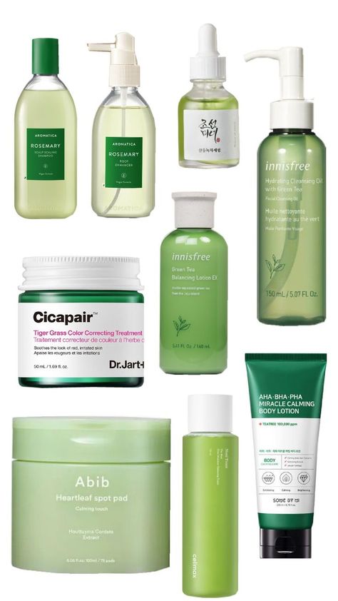 #koreanskincare #haircare #aromatica #innisfree #abib #drjart #celimax #somebymi #beautyofjeoson Green Color Aesthetic, Rosemary Shampoo, Tiger Grass, Color Aesthetic, Skincare And Haircare, Dr Jart, Cleansing Oil, Korean Skincare, Irritated Skin