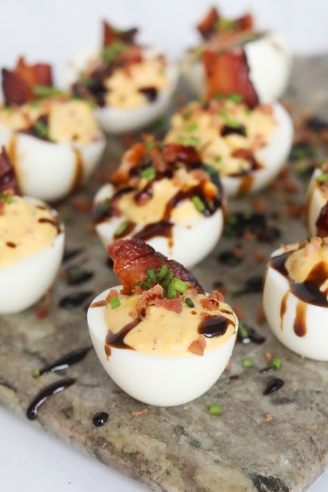 Southern Bacon Deviled Eggs - Seasoned to Taste Deviled Eggs With Bacon Jam, Deviled Eggs Recipe Unique, Special Deviled Eggs, Deviled Egg Bar, Hot Honey Deviled Eggs, Deviled Quail Eggs, Different Types Of Deviled Eggs, Quail Egg Appetizer, Easter Deviled Eggs Ideas