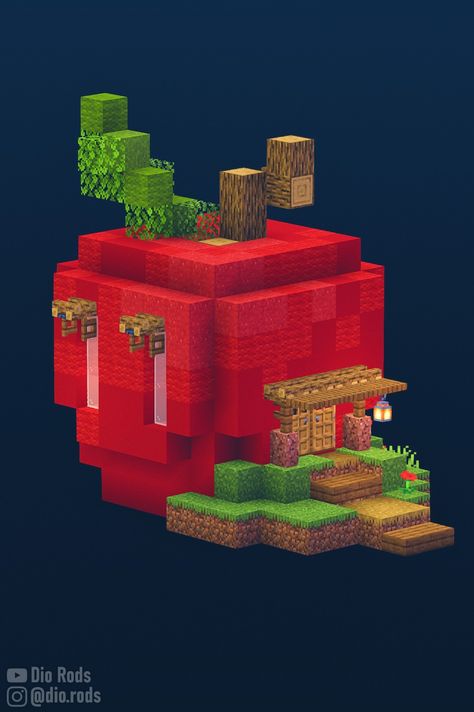 A cute and simple apple house for minecraft survival. Minecraft Building Ideas Without Mods, Minecraft Melon House, Minecraft Fruit House Ideas, Blueberry House Minecraft, Minecraft House Shape Ideas, Minecraft Present Build, Minecraft Apple House, Funky Minecraft House, Minecraft Up House