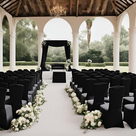 28 Ideas for an All Black Wedding Theme - Yeah Weddings Black Wedding Arch Ideas, Black Tie Wedding Ceremony, Black And White Ceremony Decor, Black Wedding Aisle, All Black Wedding Reception, Black Wedding Backdrop, Black Wedding Ceremony, Black Barn Wedding, Black Wedding Ideas