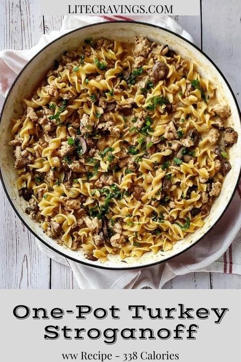 This One-Pot Turkey Stroganoff is a lighter take on the comforting dish and comes together in just about 30 minutes! Turkey And Noodles, Turkey Stroganoff Recipe, Ground Turkey Stroganoff, Lite Cravings, Turkey Stroganoff, Cravings Recipes, Ground Turkey Recipes Healthy, Turkey Pasta, Skillet Dinner Recipes