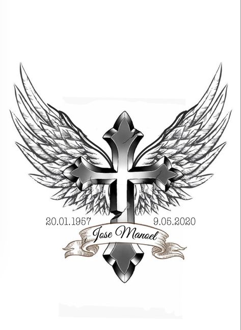 Cross And Wings Tattoo Design, Rip Tattoos For Dad, Cross With Wings Tattoo, Clock Tattoo Sleeve, Angel Wing Tattoo, Tattoos For Dad Memorial, Ink Tattoo Design, Wing Tattoo Men, Red Tattoo Ideas