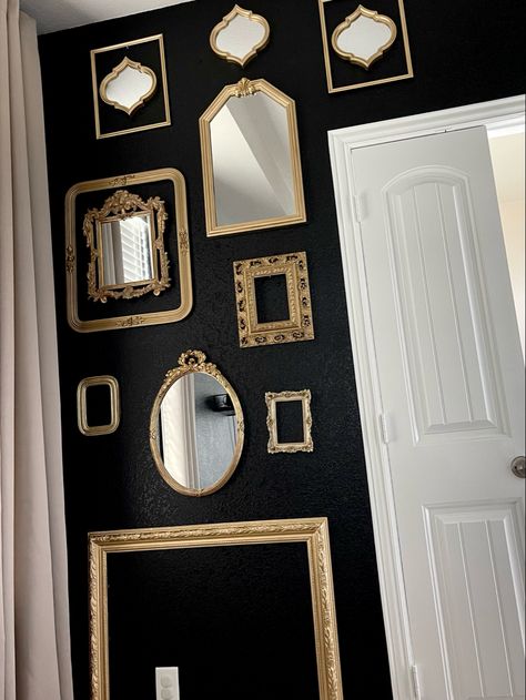 Mirror Wall | Frame Wall | Moody Bedroom | Accent Wall | Black Walls | Gold Frames | Antique Mirrors | Antique Frames | Ecclectic Decor | Moody Decor |
Behr Paint | Behr Black Paint | Interior Design | Master Bedroom Decor | Antiques Gold Wall In Bedroom, Black And Gold Antique Bedroom, Black With Gold Mirror, Black Wall With Gold Mirror, Black Wall Gold Mirror, Gold Frames On Black Wall, Black Paint Design On Wall, Black Wall With Gold Frames, Black And Gold Photo Wall