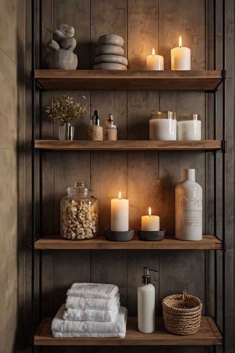 Transform your 1/2 bathroom with open shelving for decor! Display candles, small sculptures, or decorative jars to infuse warmth and character into your space. Click for inspiring ways to personalize your powder room! Bathroom Open Shelving Decor, Bathroom With Open Shelving, Bathroom Alcove Ideas, Guest Washroom Ideas, Style Bathroom Shelves, Bathroom Wooden Shelves, Bathroom Shelf Styling, Newlywed Apartment, Wood Panel Bathroom