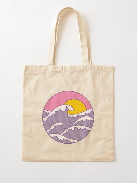 Ocean Tote Bag, Jute Bags Design, Diy Tote Bag Design, Painted Canvas Bags, Purple Ocean, Canvas Bag Diy, Totes Ideas, Yellow Sunset, Purple Tote Bag