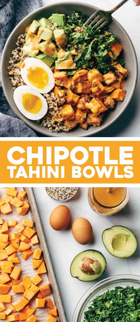 Chipotle Tahini Bowls Recipe - Pinch of Yum Recipes Clean Eating, Clean Eating Vegetarian, Pinch Of Yum, Quinoa Sweet Potato, Healthy Bowls Recipes, Healthy Bowls, Roasted Sweet Potatoes, Quesadillas, Bowls Recipe