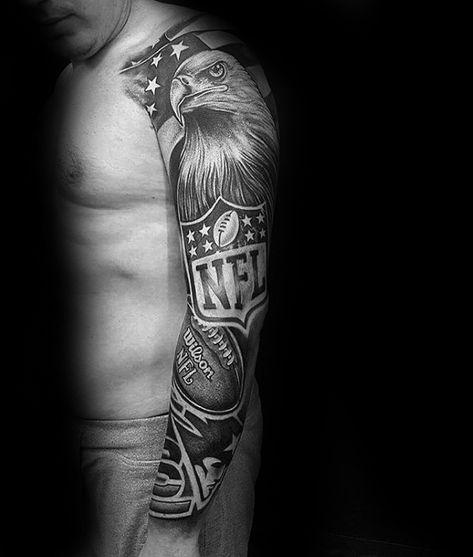 Full Arm Sleeve Sports Themed Tattoo Ideas For Males Sports Sleeve Tattoo For Men, Sports Sleeve Tattoo, Football Sleeve Tattoo, Football Tattoo Ideas For Men Arm, American Football Tattoo Ideas For Men, Sport Tattoos For Men, Sports Tattoos For Men Ideas, American Football Tattoo, Sports Tattoos For Men