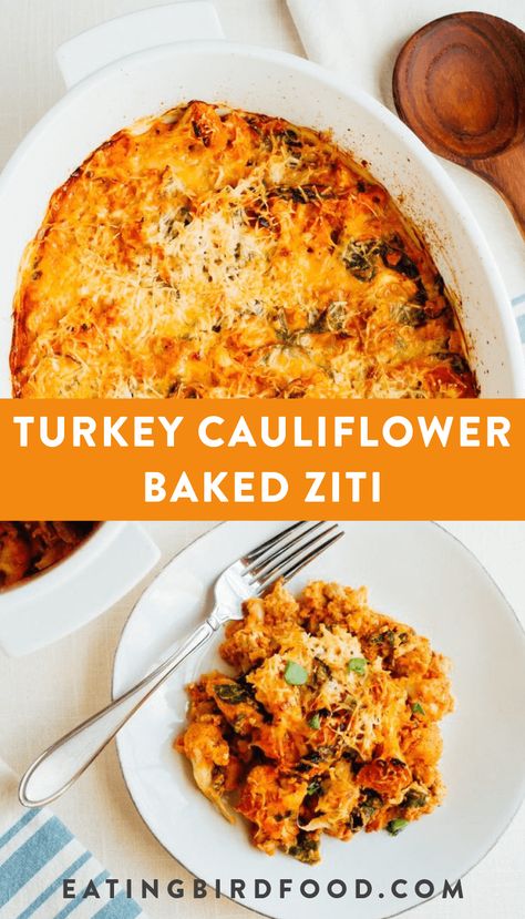 This turkey cauliflower baked ziti uses cooked cauliflower instead of pasta noodles so it's low-carb and gluten-free while still being cheesy and delicious. #bakedziti #lowcarb #cauliflower #eatingbirdfood Ground Turkey Cauliflower Casserole, Cauliflower Ziti Bake, Turkey And Cauliflower Recipes, Turkey Ziti, Cauliflower Baked Ziti, Bacon Noodles, Recipes With Cauliflower, Cauliflower Turkey, Cauliflower Pasta Recipes